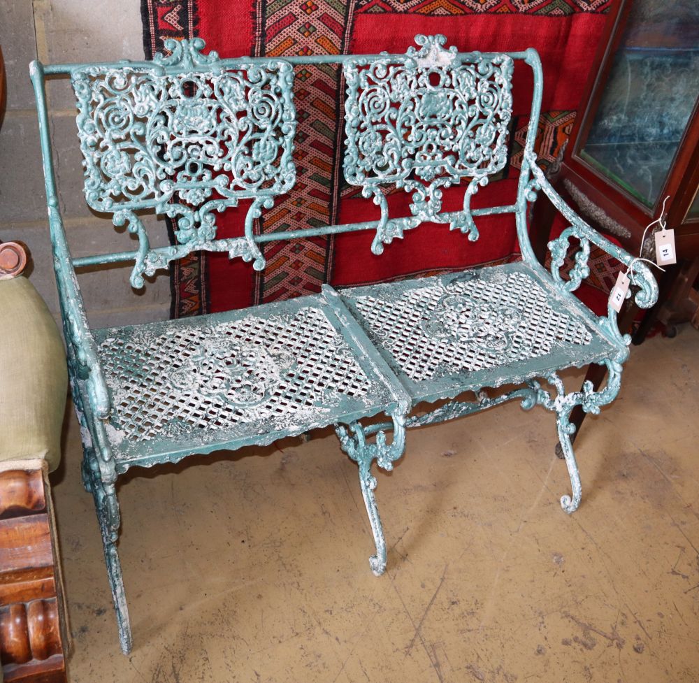 A Victorian style painted aluminium garden bench, W.97cm, D.54cm, H.85cm